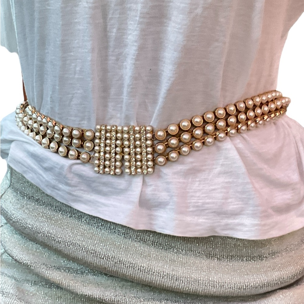 Vintage 1960s pearl, mesh, rhinestone, triple stranded stacked belt